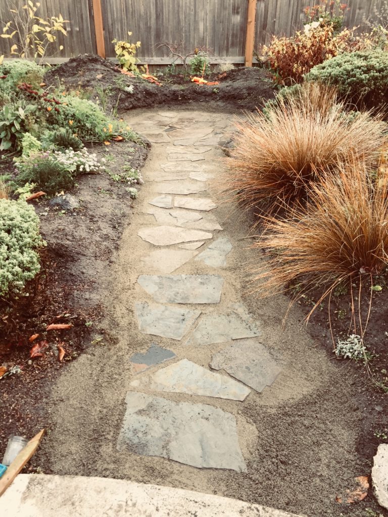 Port Townsend Landscaping Example. garden path, flagstone, garden walkway, garden cleanup, stone walkway, yard cleanup, hardscaping,